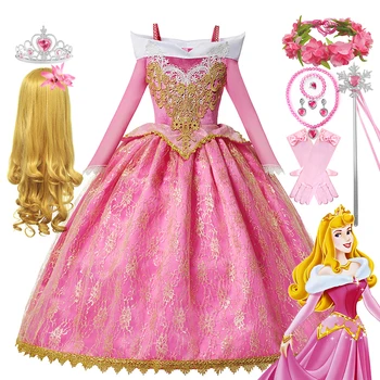 2-10Yrs Disney Kids Girls Cosplay Csipkerózsika Aurora Off Shoulder hercegnő ruha Aranyhaj Fagyasztott Elsa jelmez Party ruhák