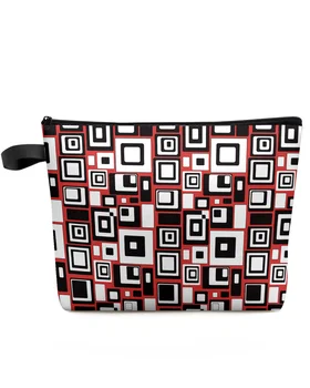 Geometriai téglalap Piros fekete sminktáska tasak Utazási kellékek Hölgy nők kozmetikai táskák WC-szervező tároló Ceruza tok
