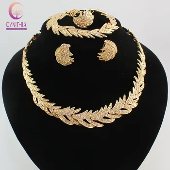 Jó minőségű luxus levél arany kristály nyaklánc fülbevaló gyűrű karkötő ékszer szettek Afrikai divat Női parti szett arany