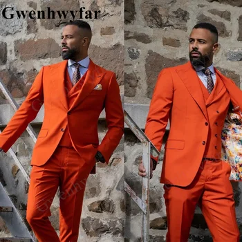 Gwenhwyfar világos narancssárga szürke férfi öltöny szabott 3 db blézer mellény nadrág nagy csúcsos hajtóka egymellű esküvői slim custome