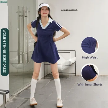Nők Nyári rövid ujjú sport jóga szoknya magas derék vintage teniszruha lány V-nyakú tollaslabda ingruha belső rövidnadrággal