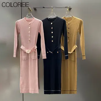 Női rózsaszín/fekete kötött hosszú ruha 2023 ősz Elegáns A-vonalú midi ruhák Női V-nyakú alkalmi női Vestidos