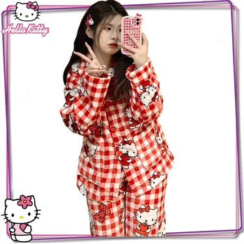 Sanrio Hello Kitty női otthon bútorozott flanel pizsama szett Y2K nyomtatott őszi/téli nadrág hosszú ujjú alkalmi pizsama ajándék