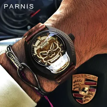 Fashion Parnis 43mm Gold Dial mechanikus automata férfi órák Zafírüveg bőrszíj Férfi világító óra reloj hombre