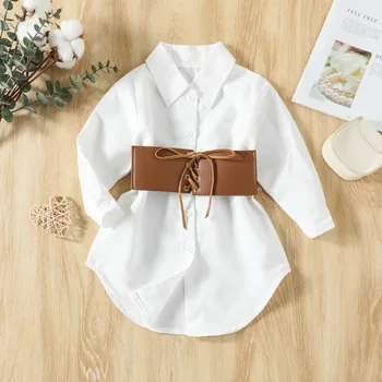 tavasz ősz fehér ingruha baba totyogó lányok egymellű ruha + PU bőr öv ruhák vestidos 2-8 éves korig
