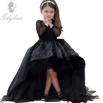 Black Flower Girl ruhák Magas alacsony gombóc hosszú ujjú Padló hosszúságú szatén tüll báli ruha Gyerek esküvői parti ruhák