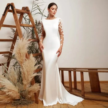 Illúzió hát nélküli sellő esküvői ruhák Hosszú ujjú rátétek Menyasszonyi ruhák Elegáns formális strandparti 2024 Vestidos De Novia