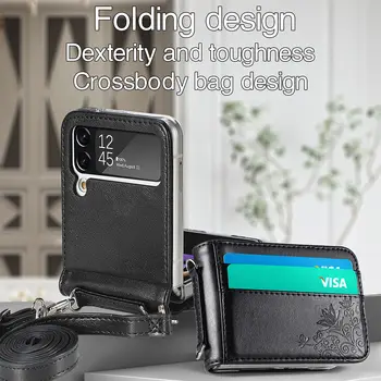 Ütésálló telefonszíj bőr pénztárca tok Samsung Galaxy Z Flip 4 5G Flip4 Flip3 Flip 3 Zflip4 kártyatartó összecsukható tokok