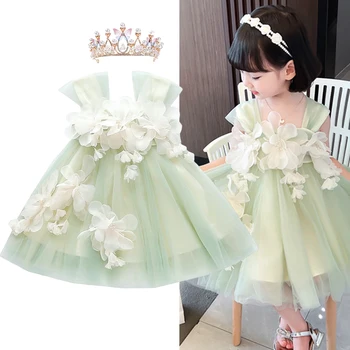 Nyári ruha kislányoknak Háromdimenziós virághálós ruha Virágtündér harisnyatartó zöld hálós születésnapi zsúr hercegnő ruha