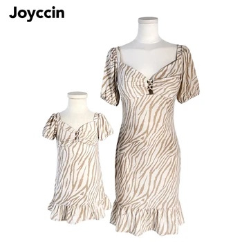 Joyccin Deep V-Collar Bodycon ruha Családi hozzáillő ruhák fodros rövid ujjú tigriscsík mintás Mother Kids szexi partiruhák