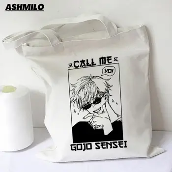 Japán anime Jujutsu Kaisen bevásárlótáska Gojo Satoru Print női vállvászon táskák Nagy Főiskola Harajuku bevásárlótáska 3