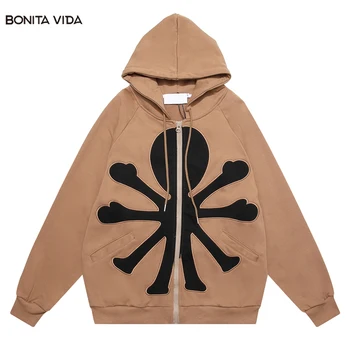 Hip Hop kapucnis pulóver kabát Y2K Men Harajuku hímzőfolt cipzáras kapucnis pulóver dzseki Streetwear 2023 Fashion Punk laza kapucnis pulóverek