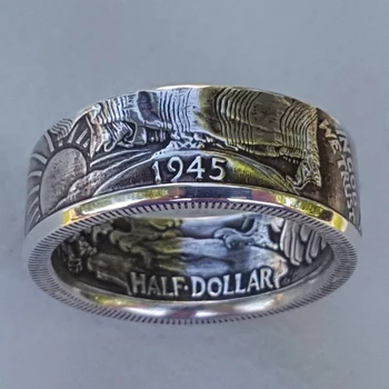 Punk retro stílusú gyűrűk férfiaknak Személyiség fém ujjgyűrűk régi ezüst színű utánzata 1945 féldolláros design gyűrű 2