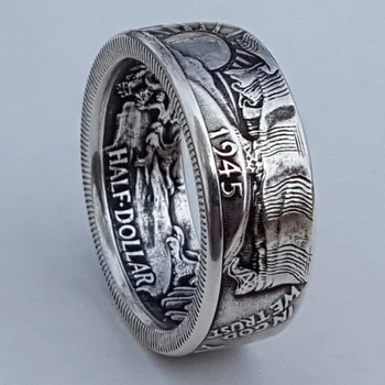Punk retro stílusú gyűrűk férfiaknak Személyiség fém ujjgyűrűk régi ezüst színű utánzata 1945 féldolláros design gyűrű 3