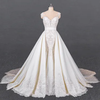 Luxus szatén és csipke esküvői ruha sapkaujjakkal Levehető szoknya időtlen menyasszonyi elegancia Menyasszonyi ruhák Vestidos De Novia