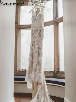 Pezsgő V-nyak illúzió Vissza sellő esküvői ruhák Ujjatlan rátétek Csipke menyasszonyi ruhák De Mariée köntös