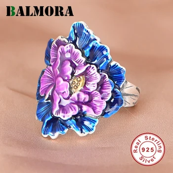 BALMORA Real S990 Ezüst színes rózsaszín bazsarózsa virág állítható gyűrűk Ékszer ajándék nőknek Anya széles zománc nyitott Anillos